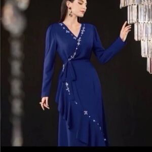 Blue wrap dress with rhinestones size medium gown formal evening wedding kaftan